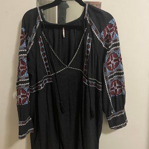 Free People Black Embroidered Deep V Neck Mini Dress